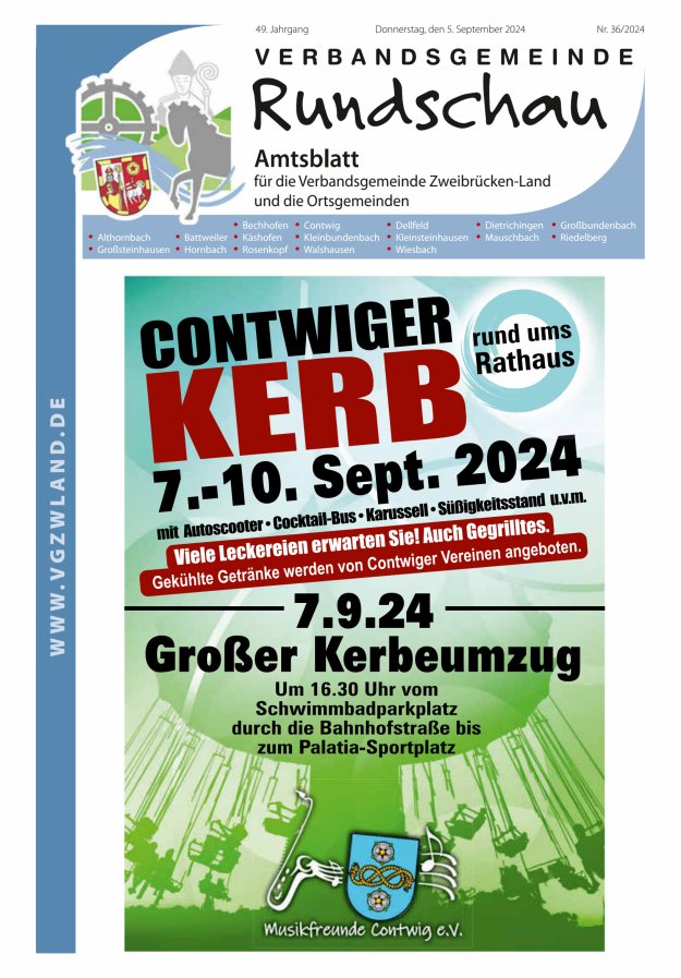 Verbandsgemeinde Rundschau Zweibrücken-Land Titelblatt 36/2024