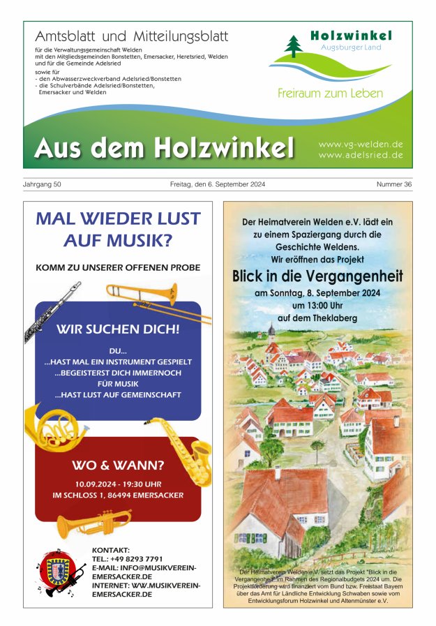 Aus dem Holzwinkel Amtsblatt u Mitteilungsblatt f VG Welden u GemAdelsried Titelblatt 36/2024