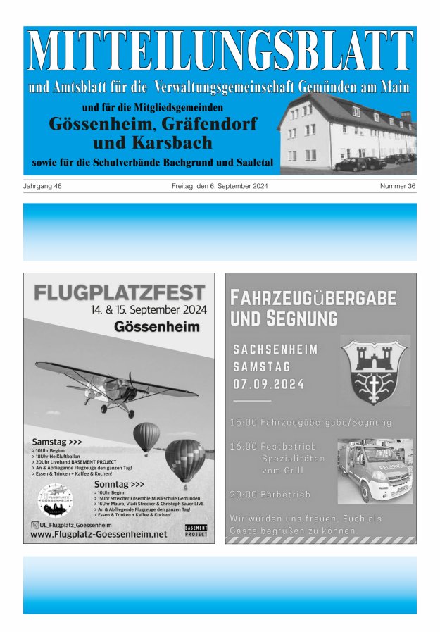 Mitteilungsblatt der VG Gemünden a Main Titelblatt 36/2024