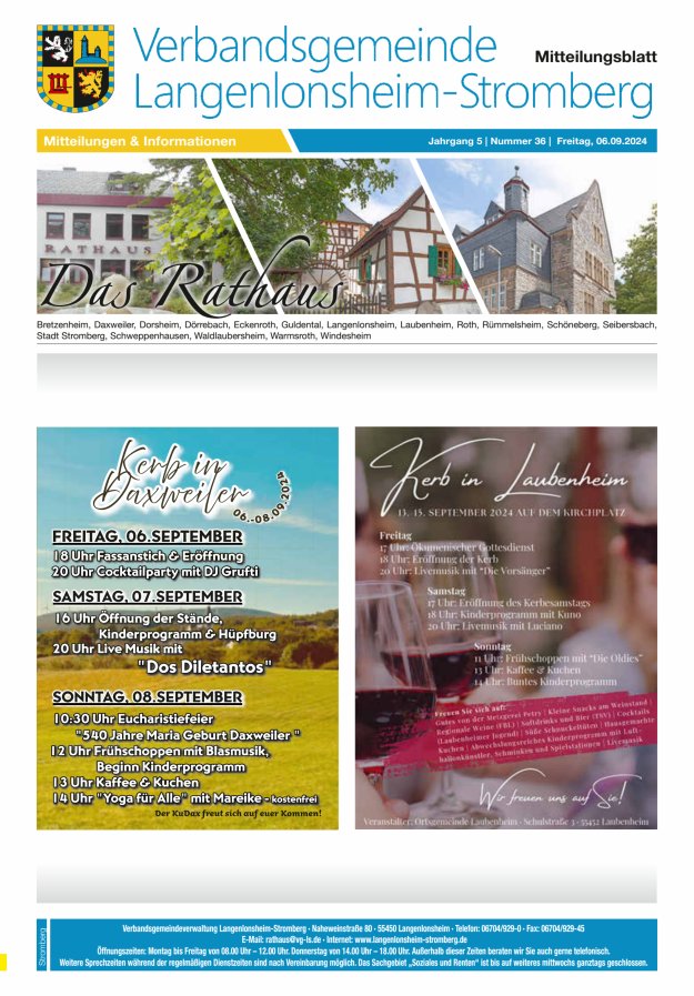 Das Rathaus - MTB d VG Langenlonsheim-Stromberg  Titelblatt 36/2024