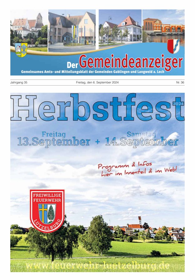 Der Gemeindeanzeiger - Gablingen Langweid Titelblatt 36/2024