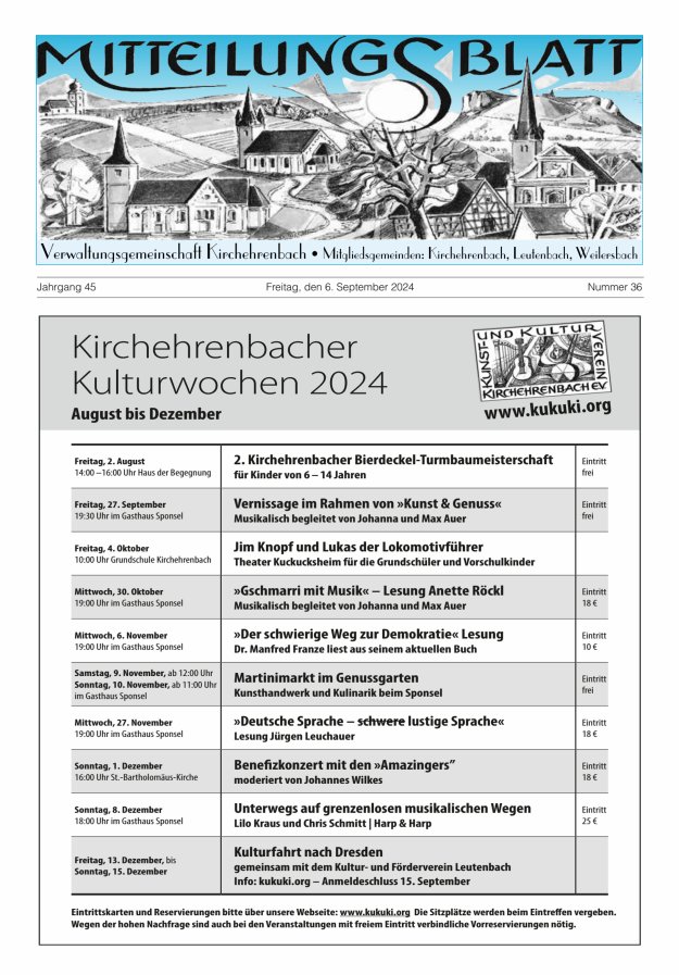 Mitteilungsblatt Verwaltungsgemeinschaft Kirchehrenbach Titelblatt 36/2024