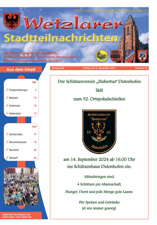 Wetzlarer Stadtteilnachrichten Titelblatt 36/2024