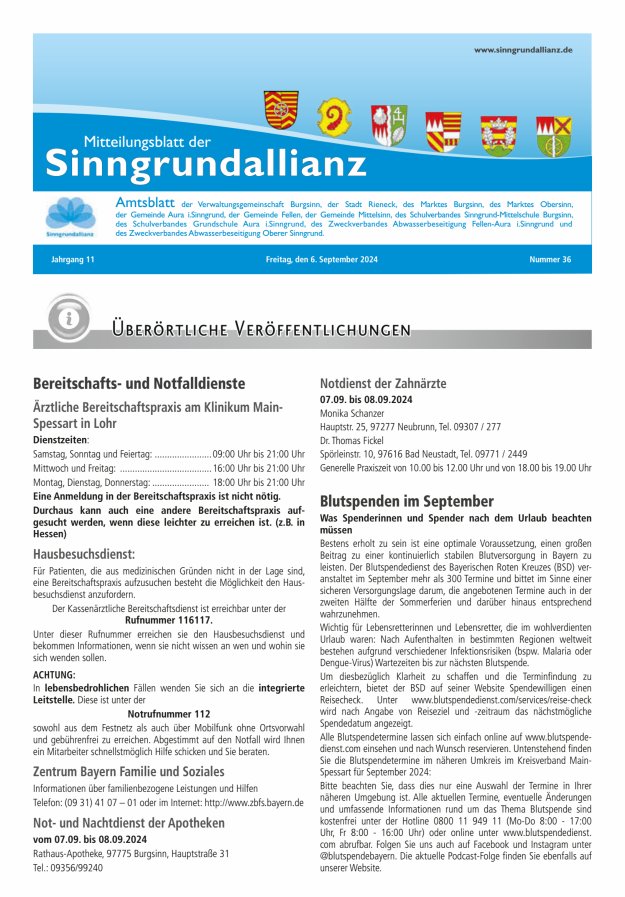 Mitteilungsblatt der Sinngrundallianz Titelblatt 36/2024