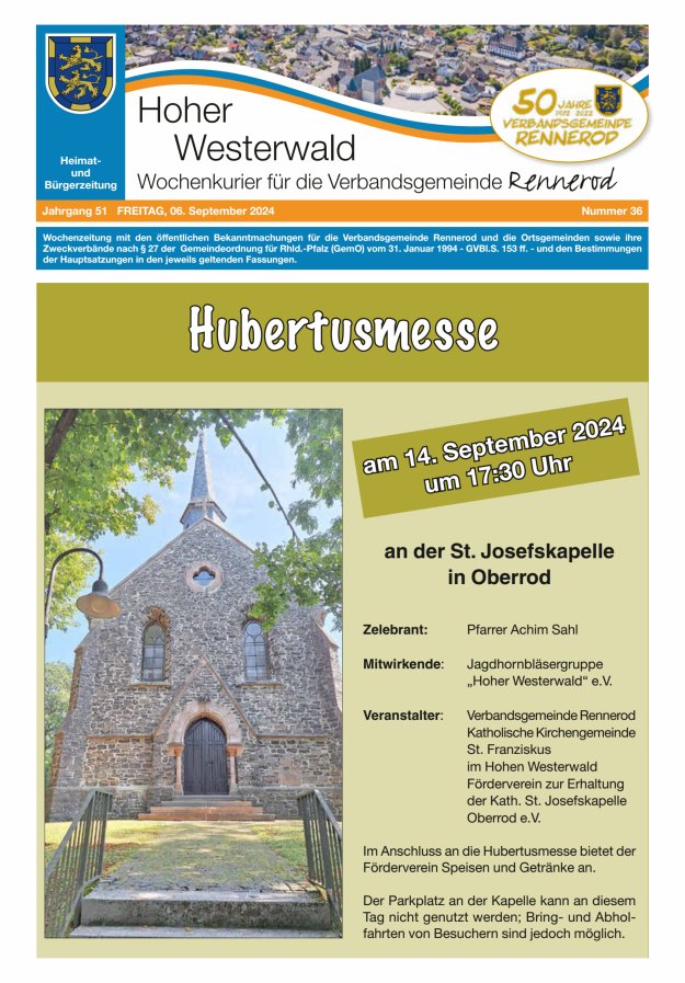 Hoher Westerwald - Wochenkurier für die Verbandsgemeinde Rennerod Titelblatt 36/2024