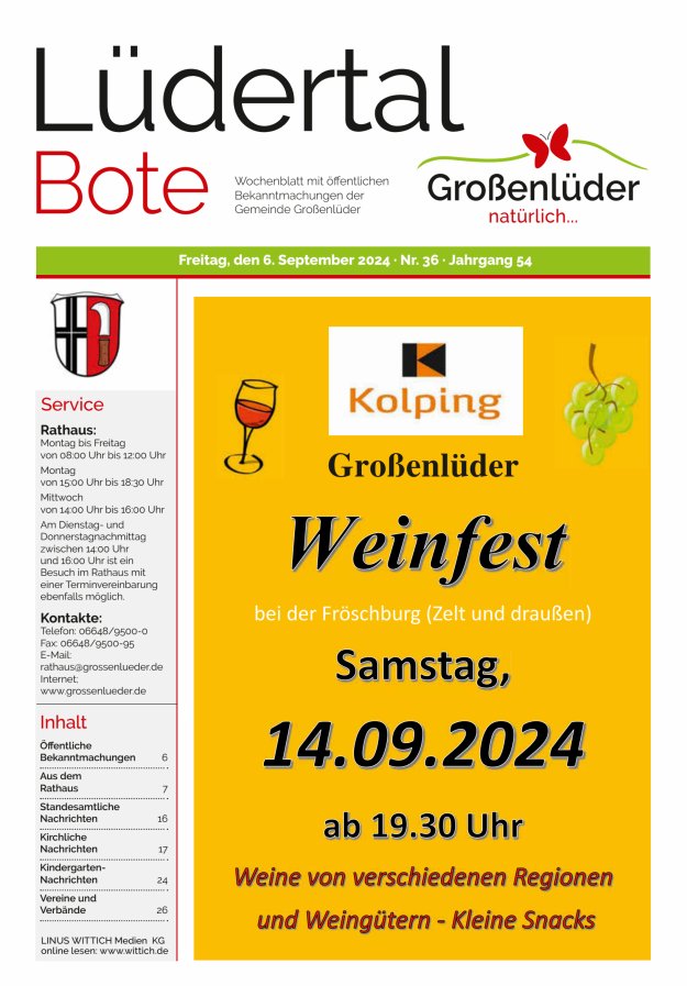 Wochenblatt mit öffentlichen Bekanntmachungen der Gemeinde Großenlüder Titelblatt 36/2024