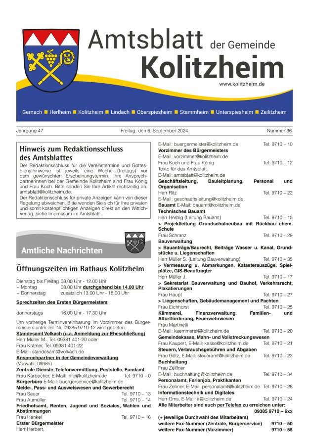 Amtsblatt der Gemeinde Kolitzheim Titelblatt 36/2024