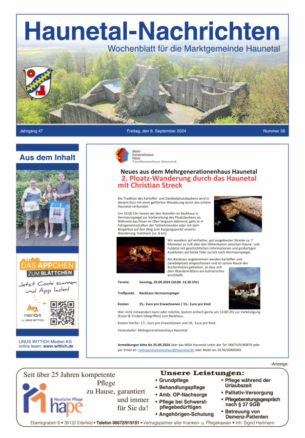 Haunetal-Nachrichten Titelblatt 36/2024