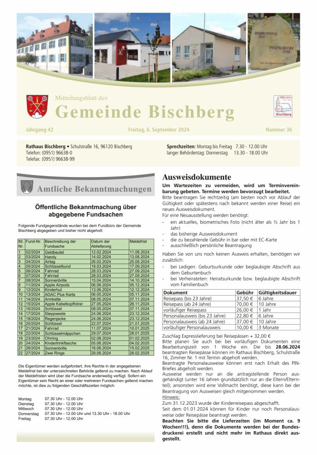 Mitteilungsblatt der Gemeinde Bischberg Titelblatt 36/2024