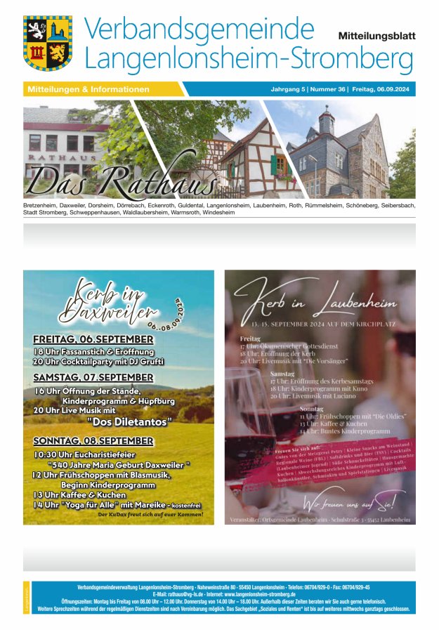 Das Rathaus - MTB d VG Langenlonsheim-Stromberg Titelblatt 36/2024