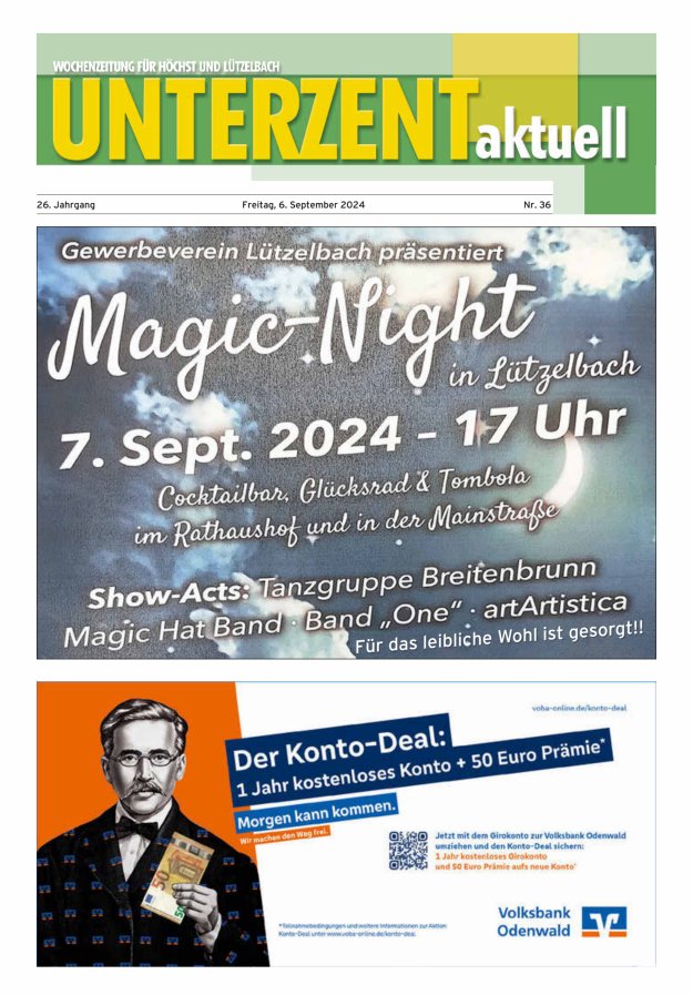 Unterzent aktuell Wochenzeitung für Höchst und Lützelbach Titelblatt 36/2024