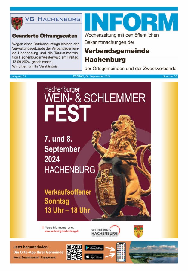 INFORM - Wochenzeitung der Verbandsgemeinde Hachenburg Titelblatt 36/2024