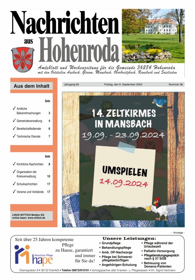 Nachrichten aus Hohenroda Titelblatt 36/2024