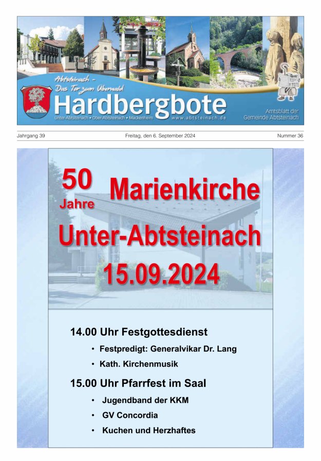 Hardbergbote - Mitteilungsblatt der Gemeinde Abtsteinach Titelblatt 36/2024