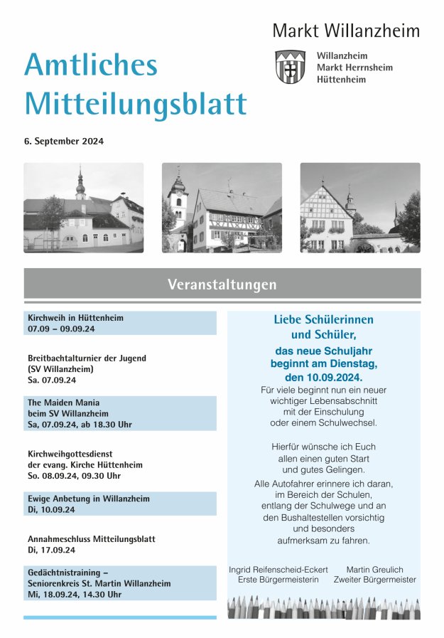Amtliches Mitteilungsblatt des Marktes Willanzheim Titelblatt 18/2024