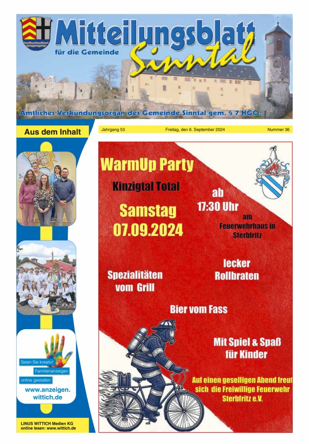 Mitteilungsblatt für die Gemeinde Sinntal Titelblatt 36/2024