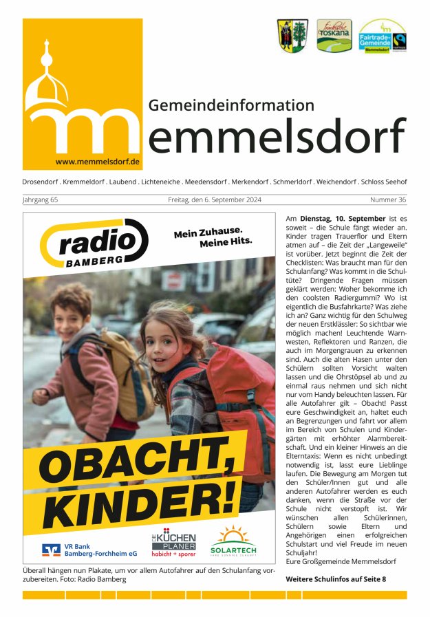 Mitteilungsblatt der Gemeinde Memmelsdorf Titelblatt 36/2024