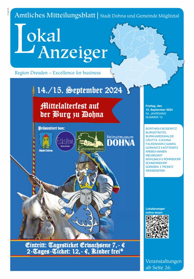 Lokal-Anzeiger – Amtliches Mitteilungsblatt Stadt Dohna und Gemeinde Müglitztal Titelblatt 10/2024