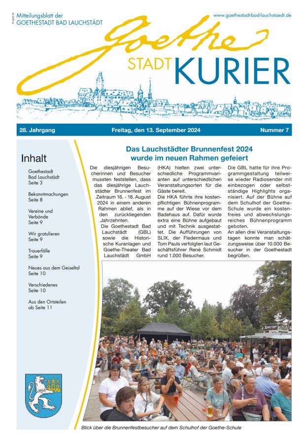 Goethestadt Kurier - Mitteilungsblatt der Goethestadt Bad Lauchstädt Titelblatt 07/2024