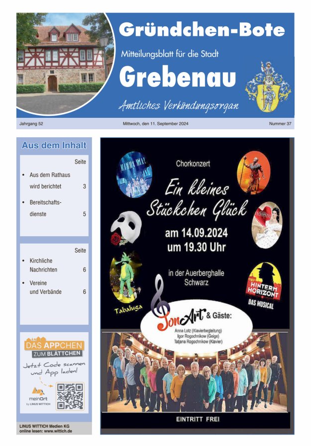 Grebenau - Gründchen Bote - Mitteilungsblatt für die Stadt Grebenau Titelblatt 37/2024
