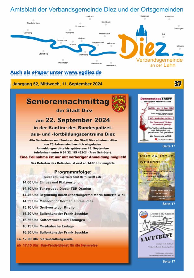 Mitteilungsblatt der Verbandsgemeinde Diez und der Ortsgemeinden Titelblatt 37/2024