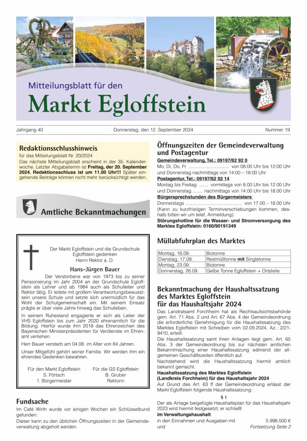Mitteilungsblatt für den Markt Egloffstein Titelblatt 19/2024