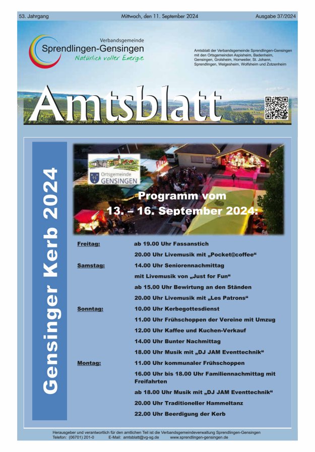 Amtsblatt VG Sprendlingen-Gensingen Titelblatt 37/2024