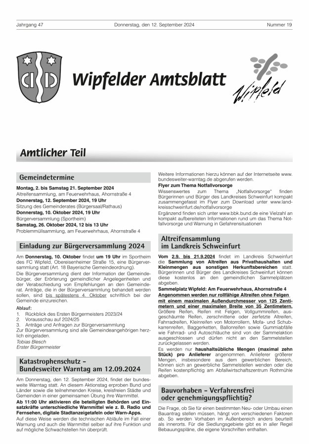 Wipfelder Amtsblatt Titelblatt 19/2024