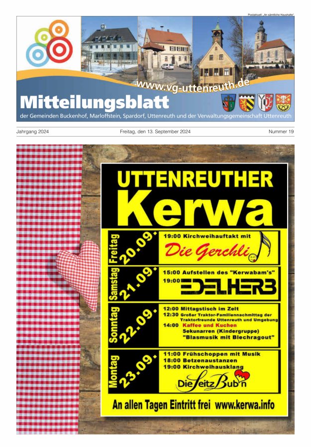 Mitteilungsblatt der Verwaltungsgemeinschaft Uttenreuth Titelblatt 19/2024