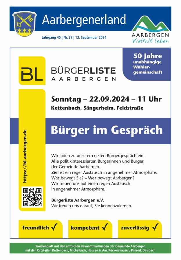 Aarbergenerland - Wochenblatt mit den amtlichen Bekanntmachungen Titelblatt 37/2024