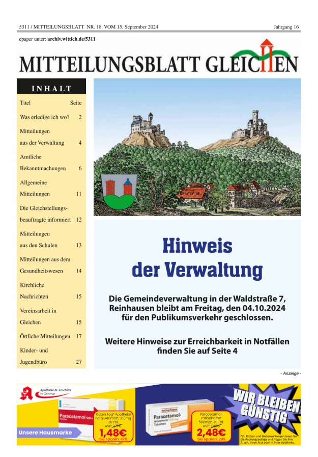Mitteilungsblatt Gleichen Titelblatt 18/2024