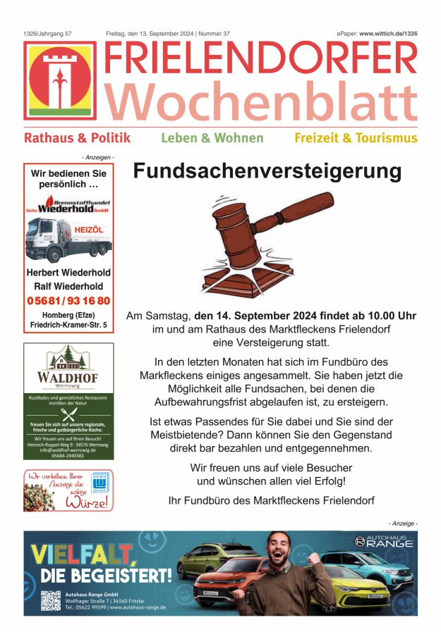 Frielendorfer Wochenblatt Titelblatt 37/2024