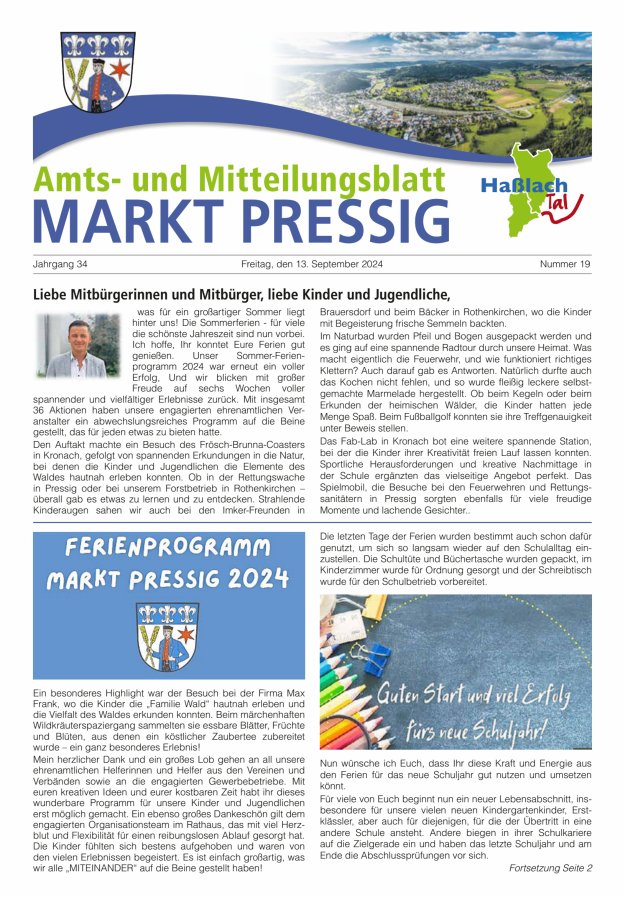 Amtsblatt für den Markt Pressig mit den Gemeindeteilen Titelblatt 19/2024