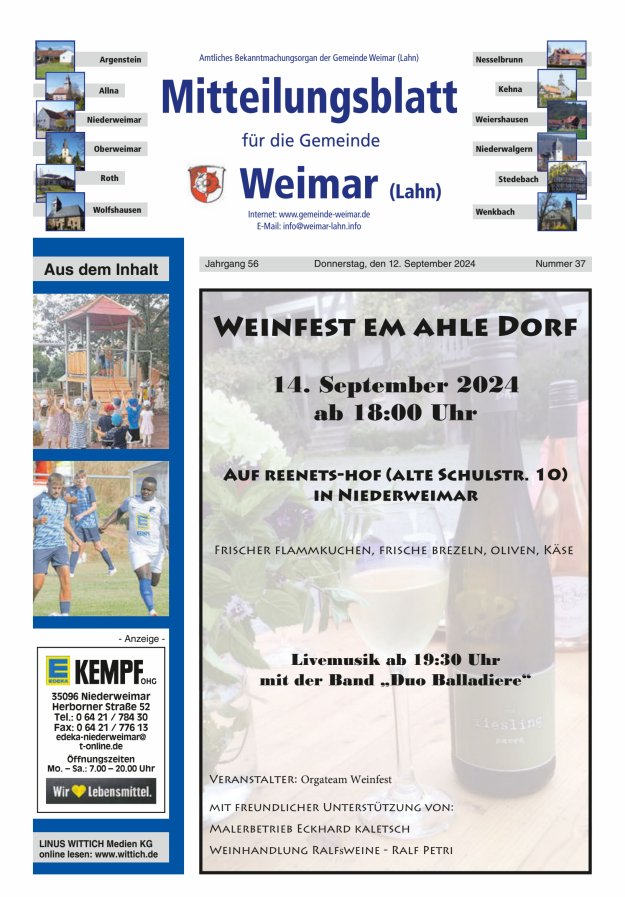Mitteilungsblatt für die Gemeinde Weimar Titelblatt 37/2024
