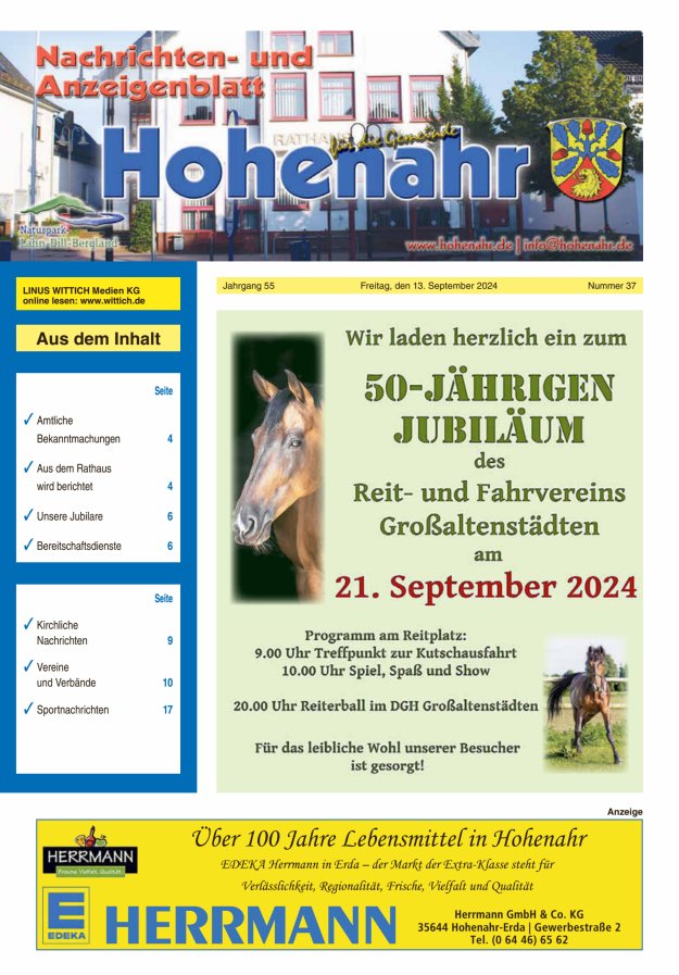 Nachrichten- und Anzeigenblatt für die Gemeinde Hohenahr Titelblatt 37/2024
