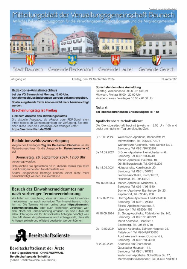 Mitteilungsblatt Verwaltungsgemeinschaft Baunach Titelblatt 37/2024