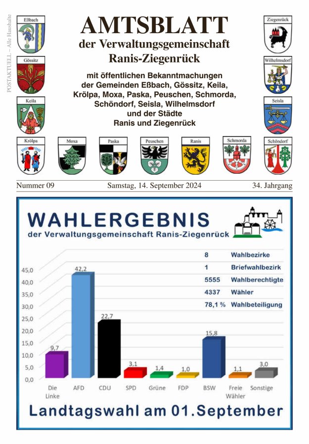 Amtsblatt der Verwaltungsgemeinschaft Ranis-Ziegenrück Titelblatt 09/2024