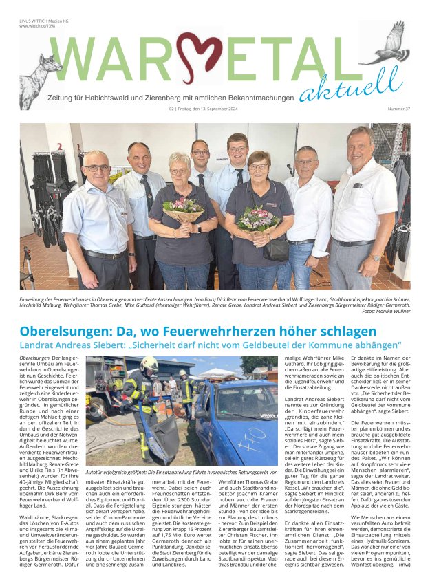 Warmetal aktuell (Habichtswald + Zierenberg) Titelblatt 37/2024