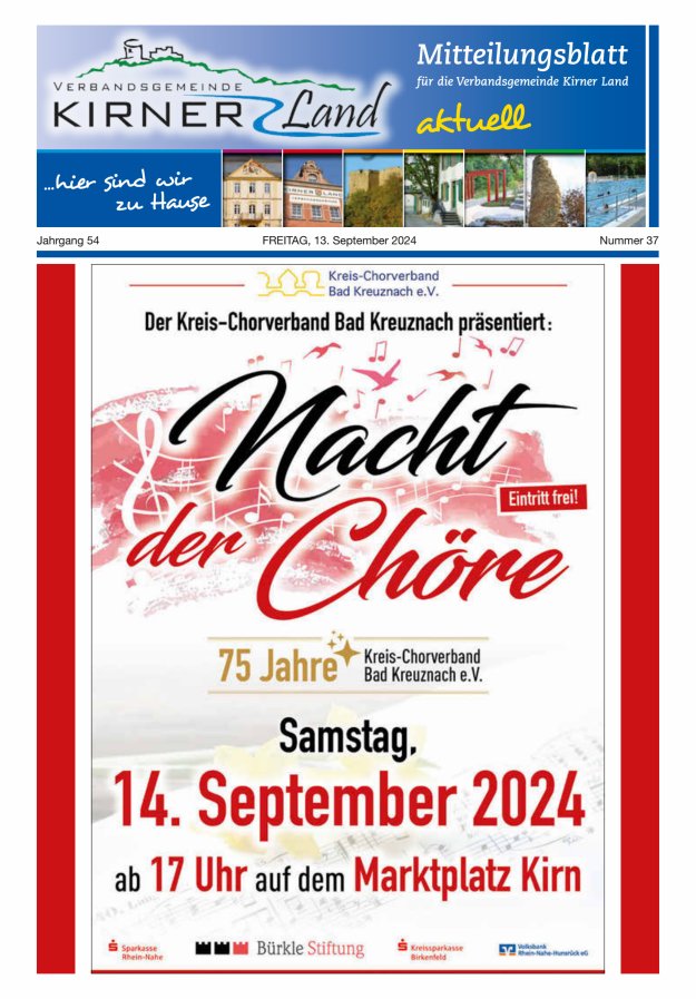 Mitteilungsblatt für den Bereich der Verbandsgemeinde Kirner Land Titelblatt 37/2024