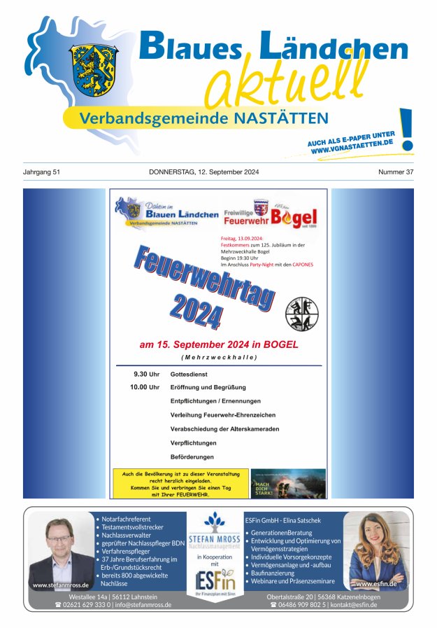 Blaues Ländchen aktuell - Heimat- u Bürgerzeitung VG Nastätten Titelblatt 37/2024