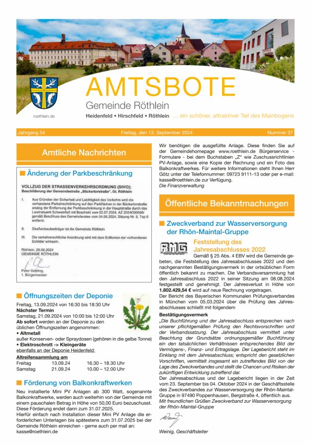 Amtsbote der Großgemeinde Röthlein Titelblatt 37/2024
