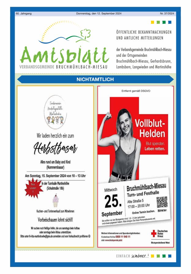 Amtsblatt der VG Bruchmühlbach-Miesau Titelblatt 37/2024