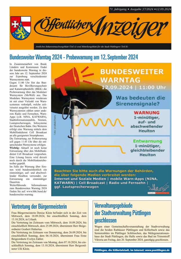 Öffentlicher Anzeiger - Stadt Püttlingen Titelblatt 37/2024