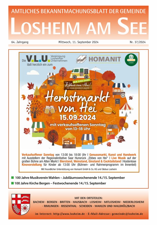 Amtliches Bekanntmachungsblatt der Gemeinde Losheim am See Titelblatt 37/2024