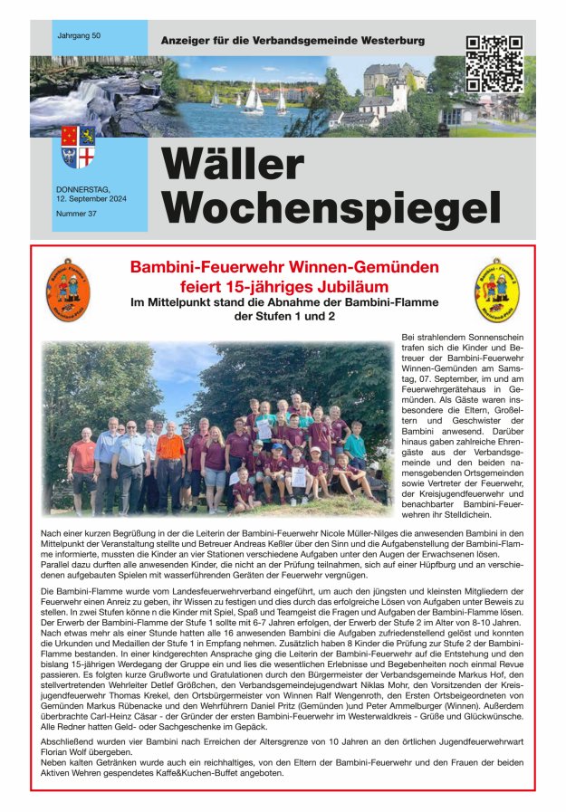 Wäller Wochenspiegel - Anzeiger für die Verbandsgemeinde Westerburg Titelblatt 37/2024
