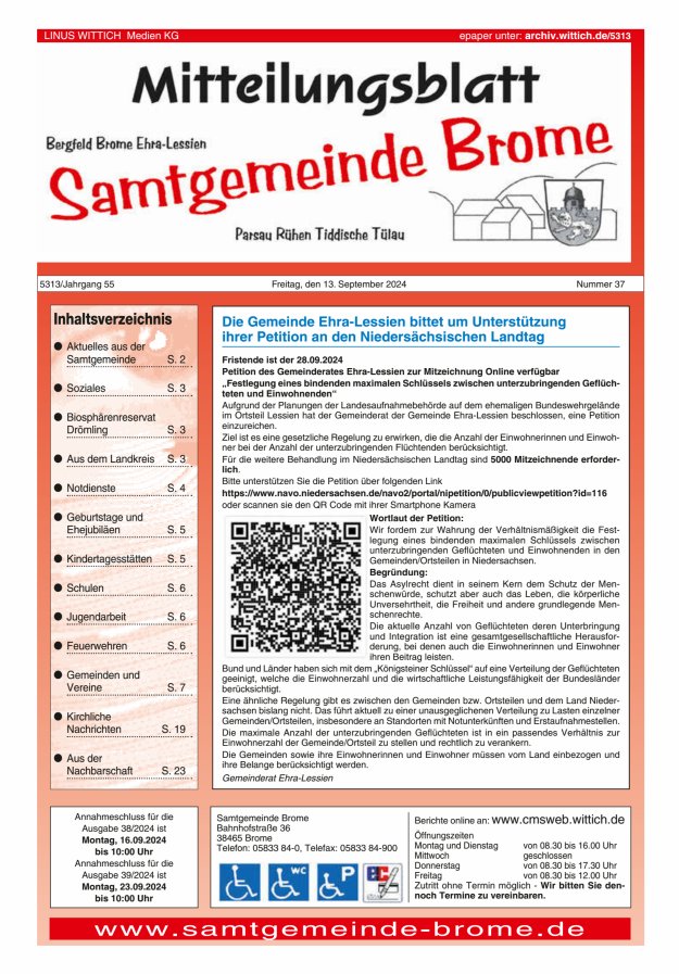 Mitteilungsblatt der Samtgemeinde Brome Titelblatt 37/2024
