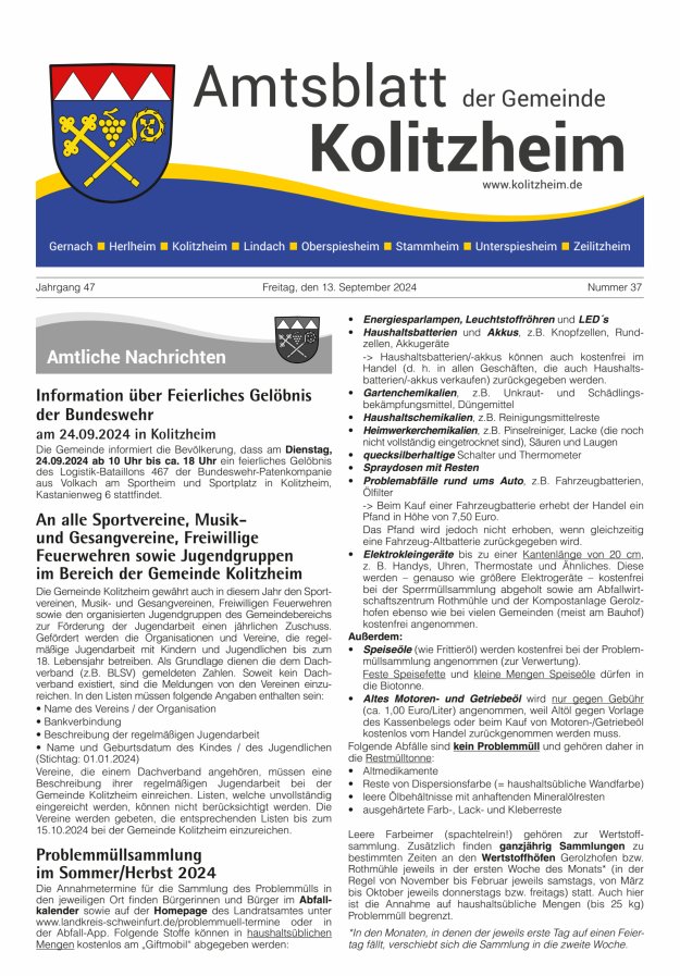 Amtsblatt der Gemeinde Kolitzheim Titelblatt 37/2024