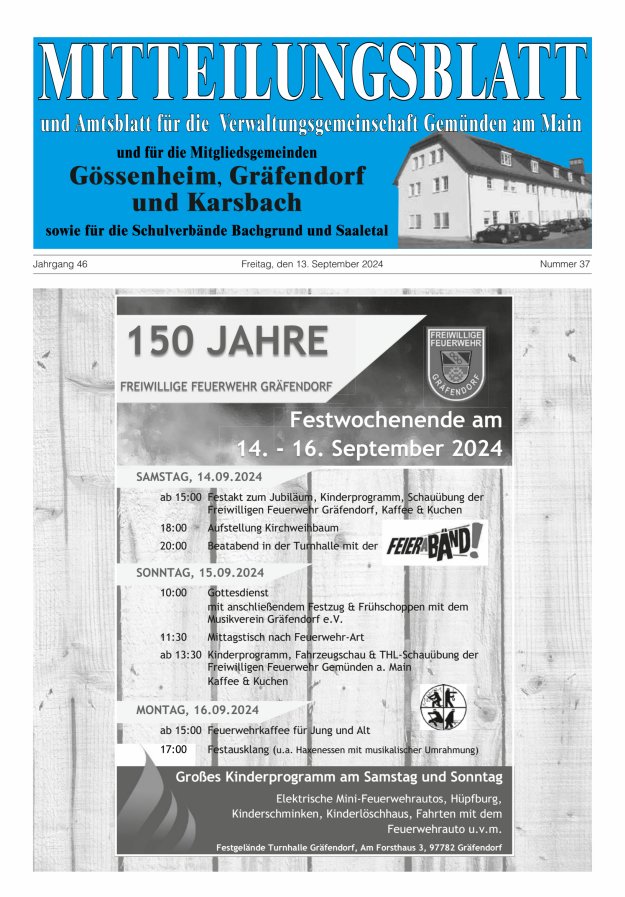 Mitteilungsblatt der VG Gemünden a Main Titelblatt 37/2024