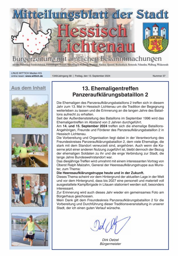 Mitteilungsblatt der Stadt Hess Lichtenau Titelblatt 37/2024