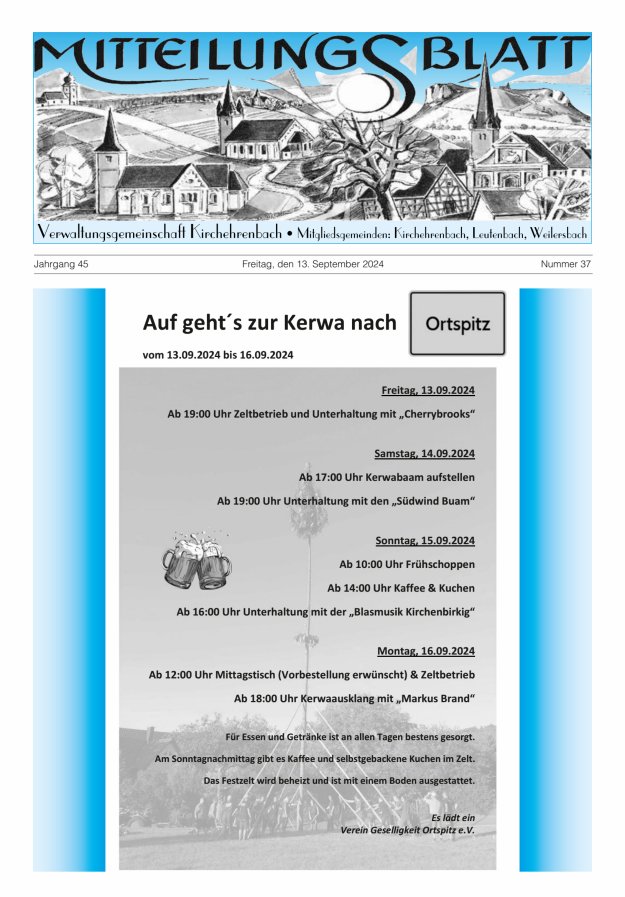 Mitteilungsblatt Verwaltungsgemeinschaft Kirchehrenbach Titelblatt 37/2024